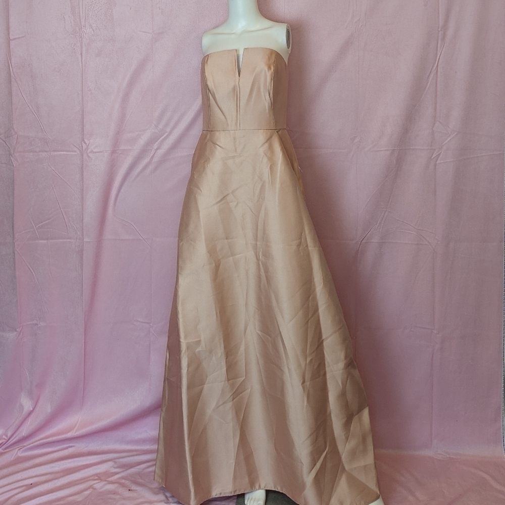 Alfred Sung Sateen Twill Strapless Notch Neck Bridesmaid Dress in Toasted Sugar